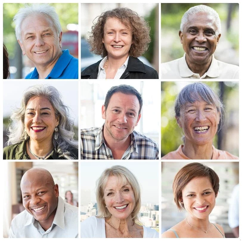 A nine-panel grid of stock portrait photographs supplied in the AquaFit supplier's material